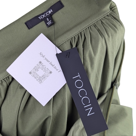 Toccin Sabine Tie Front Midi Skirt Stretch Cotton Pockets Olive S NWT - Picture 15 of 16